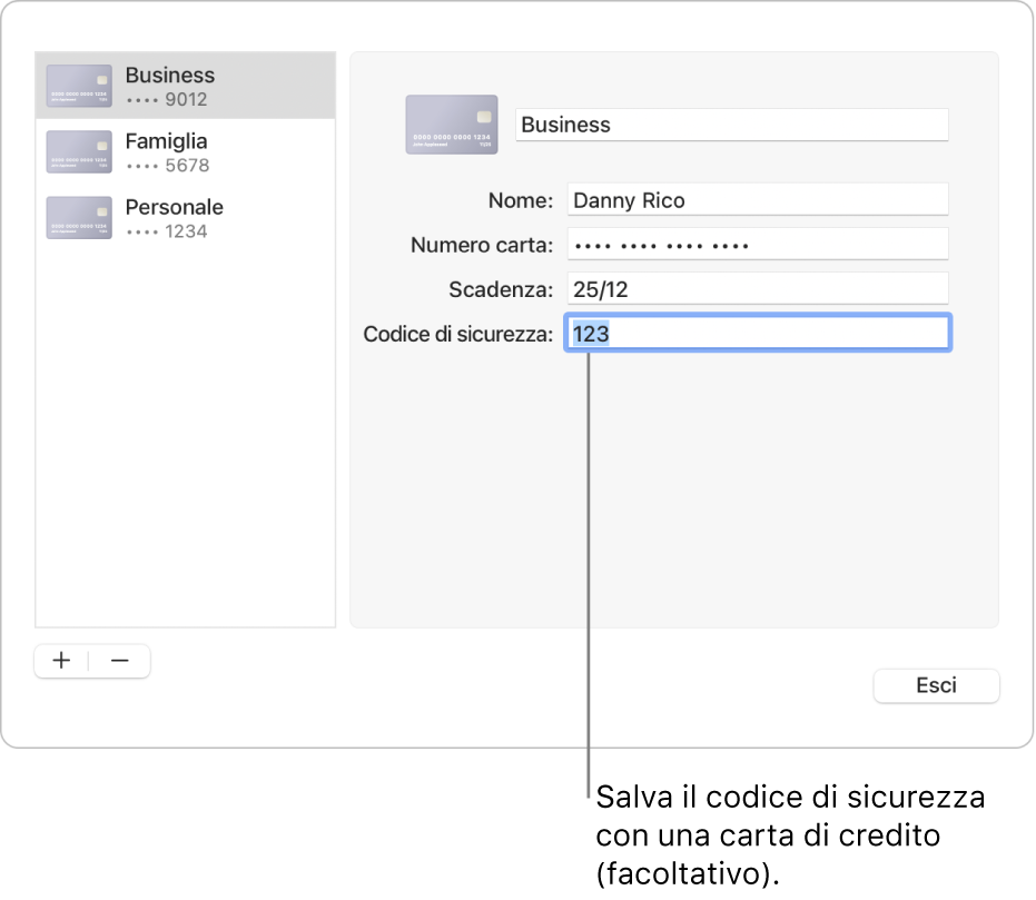 Un modulo con le informazioni della carta di credito con i campi per l’inserimento di nome, numero della carta, data di scadenza e codice di sicurezza.