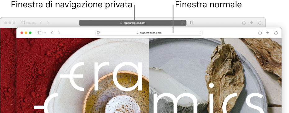 Una finestra privata di Safari con il campo di ricerca smart scuro e una finestra normale di Safari con il campo di ricerca smart chiaro.