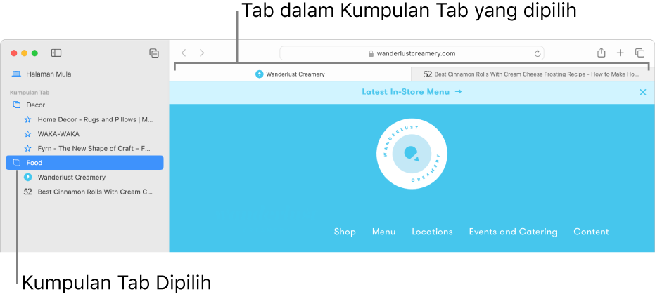 Tetingkap Safari menunjukkan bar sisi dengan Kumpulan Tab dipilih.