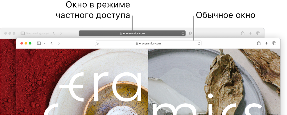 Частное окно Safari с темным полем смарт-поиска и обычное окно Safari со светлым полем смарт-поиска.