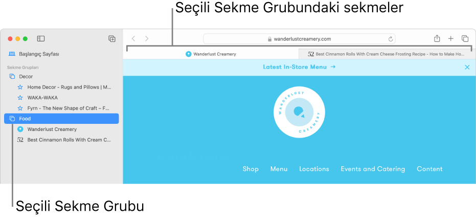 Bir sekme grubunun seçili olduğu kenar çubuğunu gösteren bir Safari penceresi.