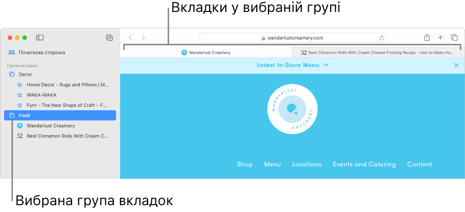 Вікно Safari, на бічній панелі вибрано «Група вкладок».