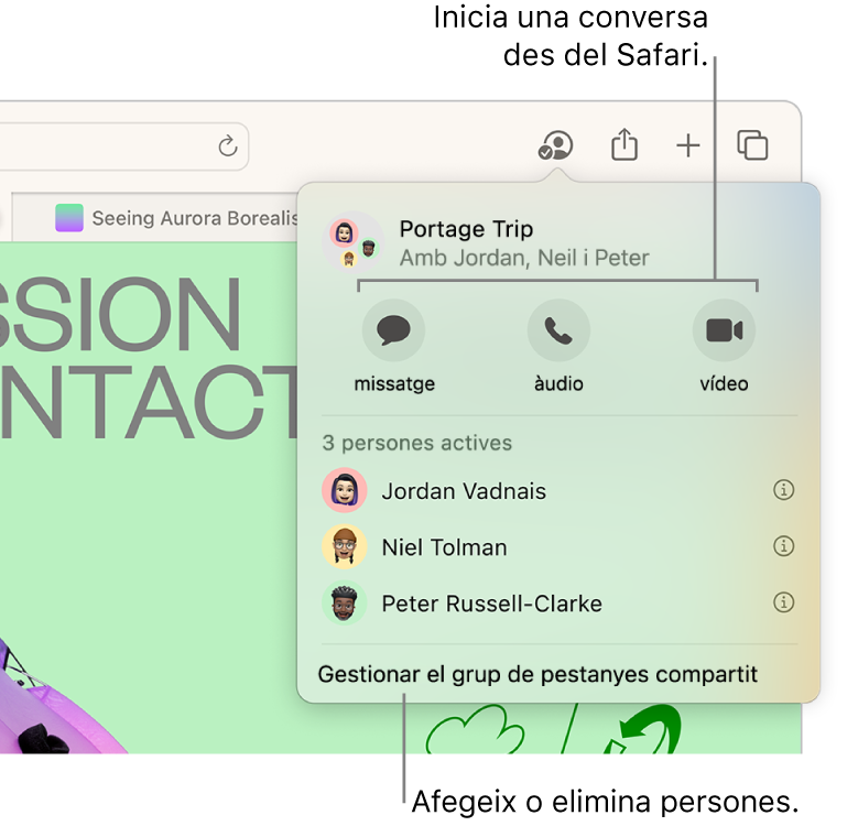 Una finestra on es mostren les persones que hi ha en un grup de pestanyes compartit.
