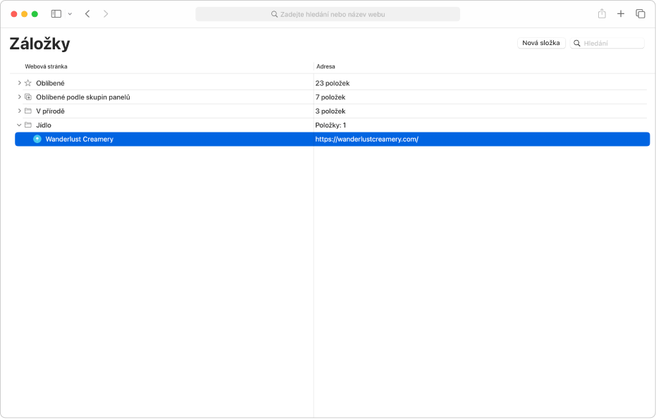 Okno „Úpravy záložek“ v Safari