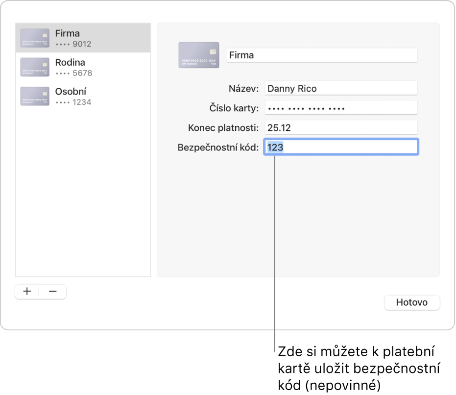 Formulář platební karty s poli pro zadání jména, čísla, data vypršení platnosti, a bezpečnostního kódu karty