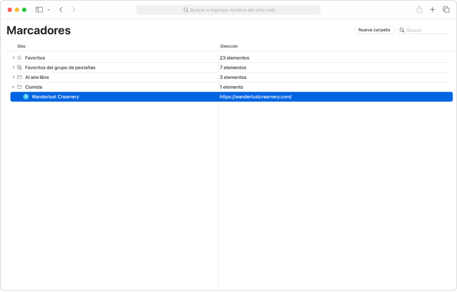 La ventana Editar marcadores en Safari.