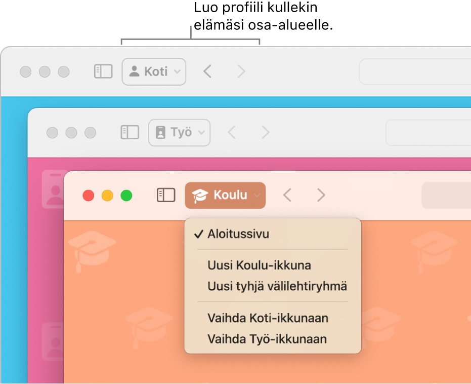 Kolme Safarin profiili-ikkunaa: yksi koti-, yksi työ- ja yksi koulukäyttöön.