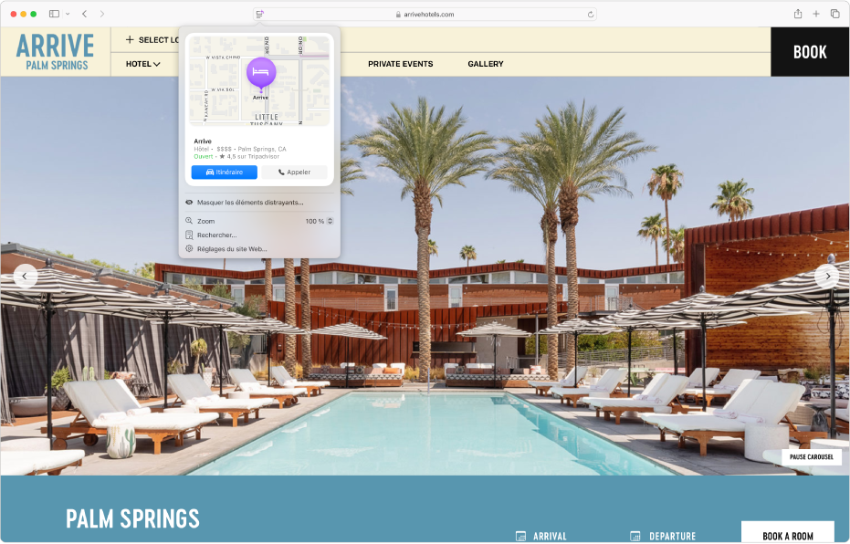 App Safari qui affiche les informations d’intérêt au sujet d’un hôtel à Palm Springs, y compris un plan, des boutons pour appeler l’hôtel et obtenir l’itinéraire pour s’y rendre, et un lien pour réserver une chambre.