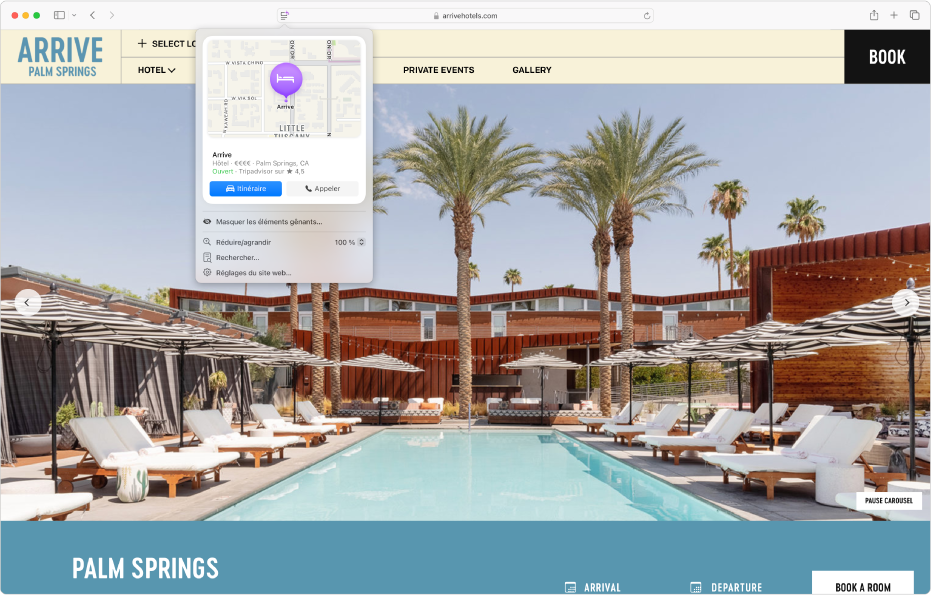 L’app Safari affichant des informations importantes sur une destination dans un hôtel à Palm Spring, avec un plan, des boutons pour appeler l’hôtel et obtenir l’itinéraire et un lien pour réserver.