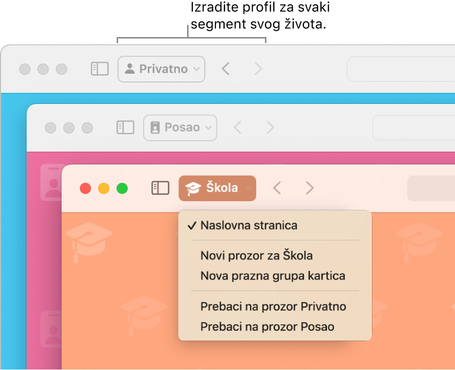 Tri prozora Safari profila: jedan za dom, jedan za posao i jedan za školu.