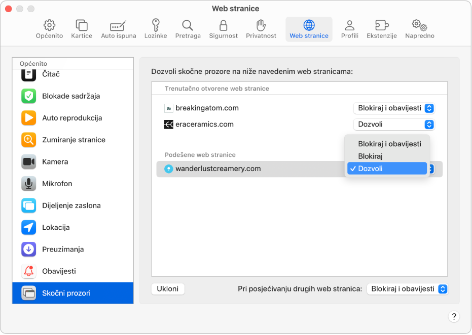 Opcija Skočni prozori za postavke Safarija s odabranom funkcijom Dozvoli za konfiguriranu web stranicu.