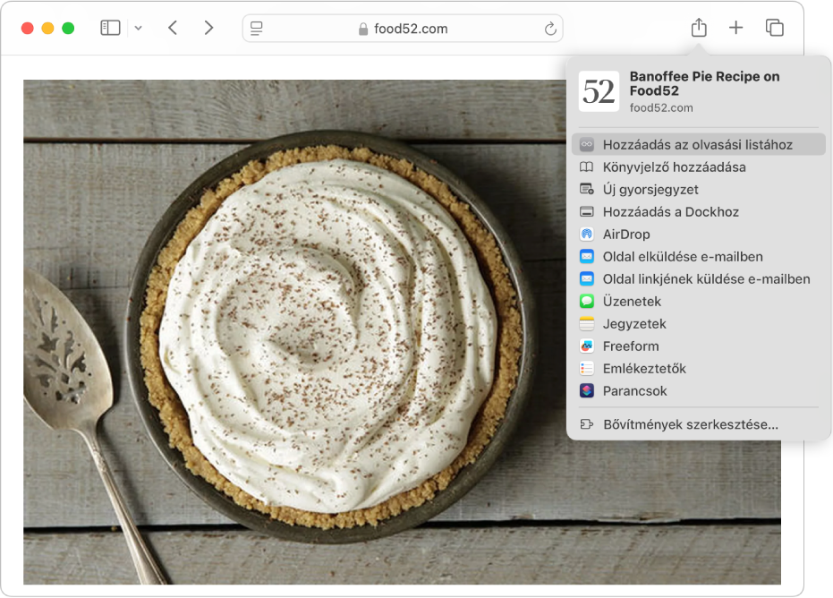 Egy weboldal egy pite receptjével, a Megosztás gomb, amelyre rákattintottak és a kijelölt Hozzáadás az olvasási listához elemmel.