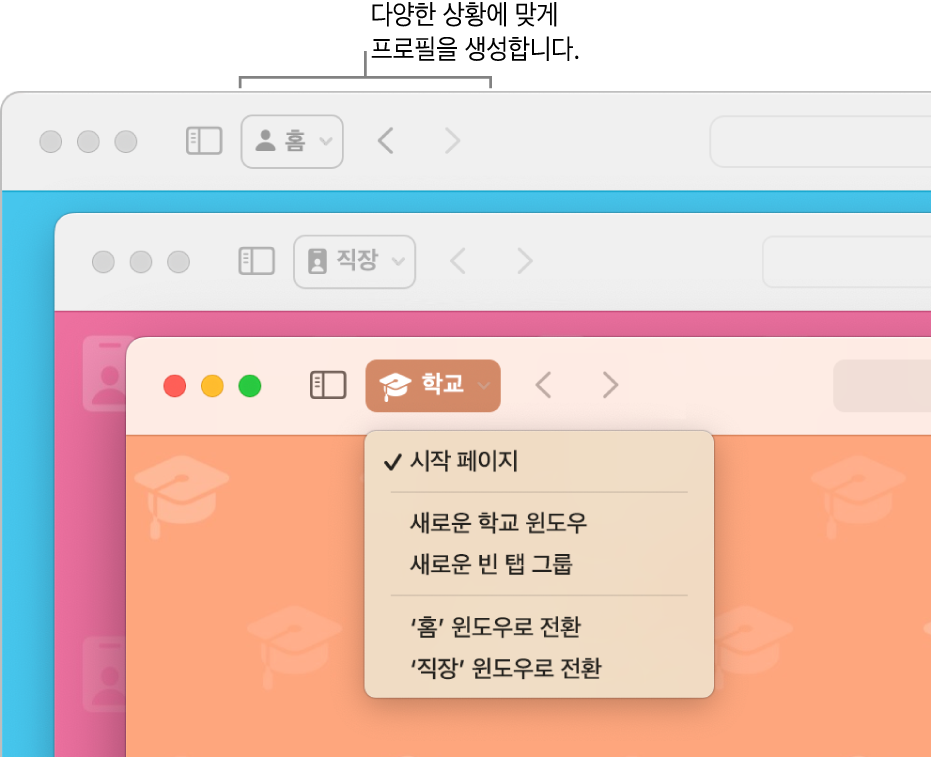 세 개의 Safari 프로필 윈도우인 가정용, 회사용 및 학교용 프로필 윈도우가 있음.