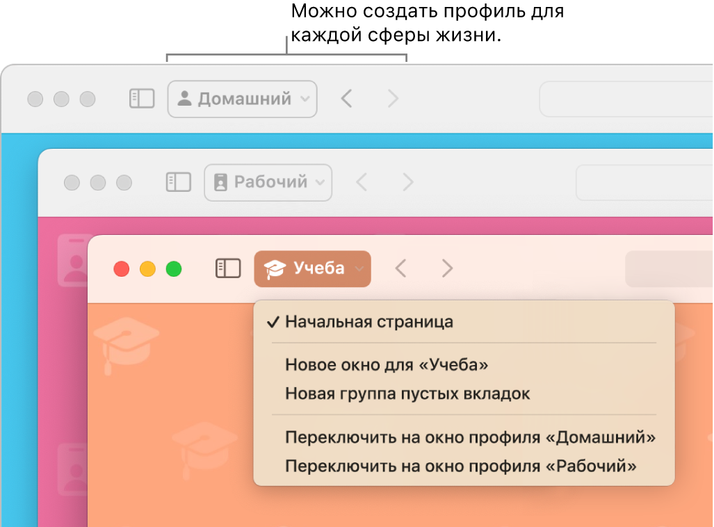 Показаны три окна профилей Safari: один для личного пользования, второй для работы и третий для учебы.