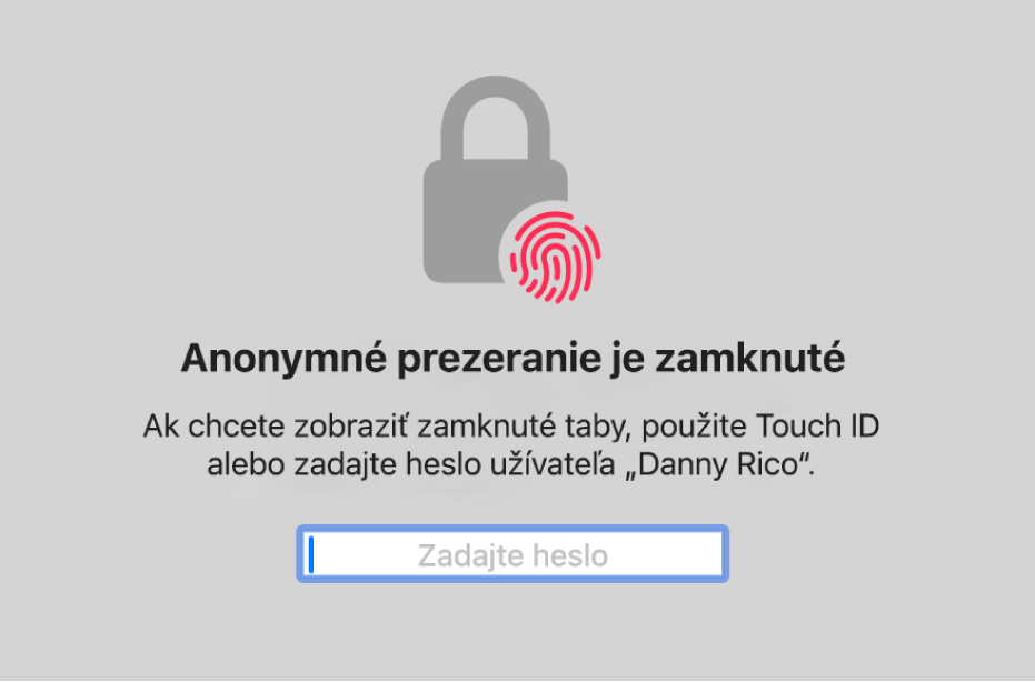 Okno, ktoré žiada Touch ID alebo heslo na odomknutie okien v režime anonymného prezerania.