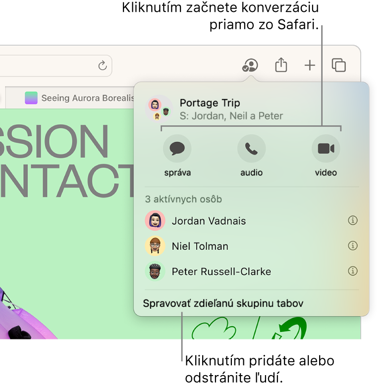 Okno so zoznamom ľudí v zdieľanej skupine tabov.