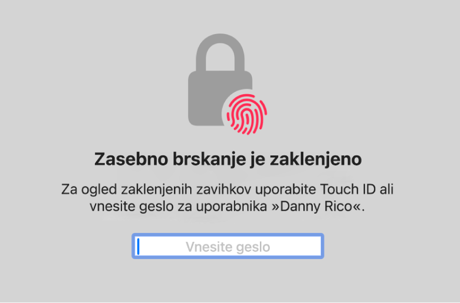 Okno s prikazano zahtevo za vnos Touch ID-ja ali gesla za odklepanje okna zasebnega brskanja.