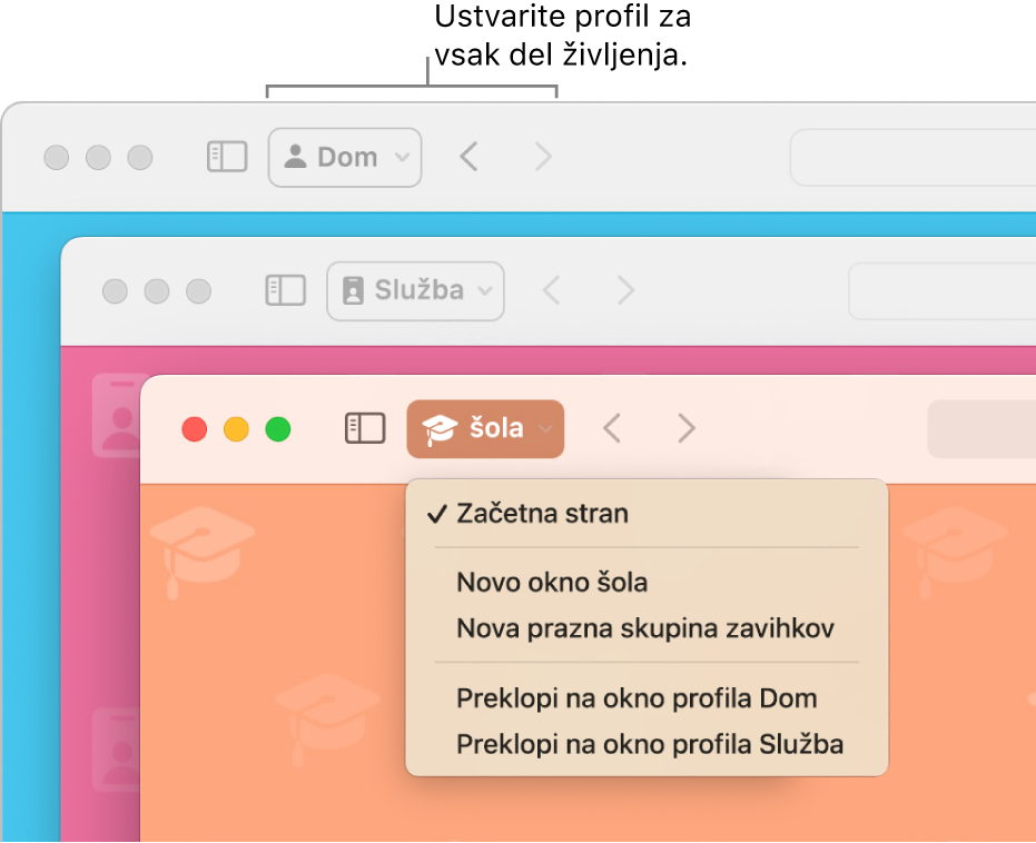 Okna treh profilov v Safariju: za dom, službo in šolo.