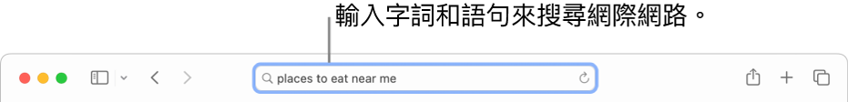 Safari「智慧型搜尋」欄位，你可在其中輸入單字或詞句來搜尋網際網路。