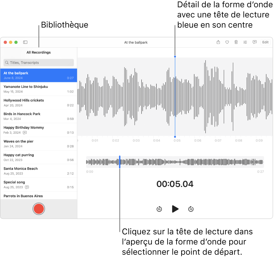 L’app Dictaphone affiche les enregistrements dans la bibliothèque à gauche. L’enregistrement sélectionné apparaît dans la fenêtre à droite de la liste, sous l’aspect d’une forme d’onde détaillée avec une tête de lecture bleue au centre. L’aperçu de la forme d’onde apparaît sous l’enregistrement.