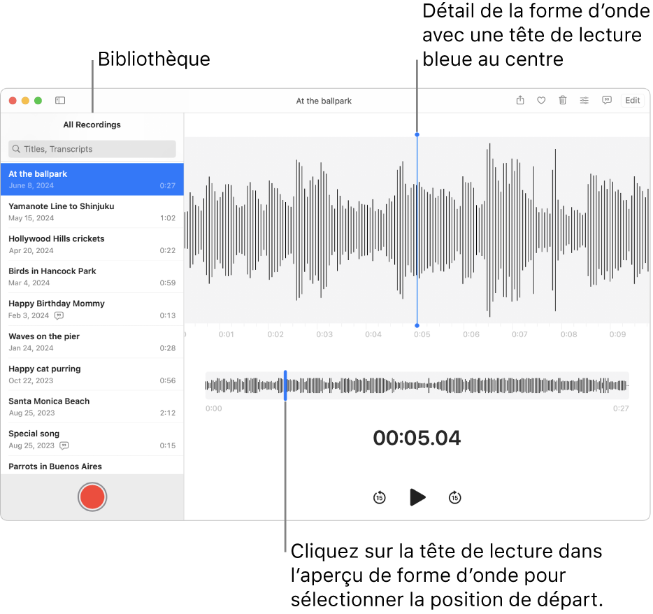 L’app Dictaphone affichant les enregistrements dans la bibliothèque à gauche. L’enregistrement sélectionné s’affiche à droite de la liste, en tant que détail de forme d’onde avec une tête de lecture bleue en son centre. L’aperçu de la forme d’onde se trouve en dessous de l’enregistrement.