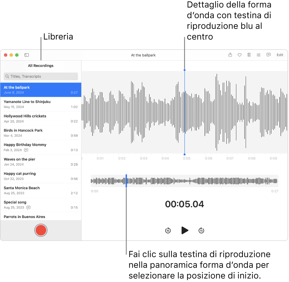 L’app Memo Vocali mostra le registrazioni nella libreria sulla sinistra. La registrazione selezionata viene visualizzata nella finestra a destra dell’elenco, come dettaglio forma d’onda con una testina di riproduzione blu al centro. Sotto la registrazione è presente la panoramica forma d’onda.