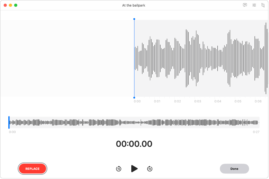 Uma gravação do Gravador. O cursor de reprodução é a linha vertical azul na visão geral da forma de onda inferior.