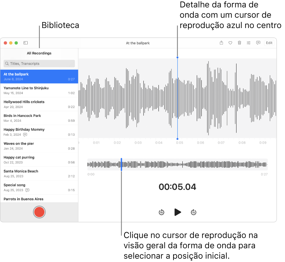 O app Gravador mostrando as gravações na biblioteca à esquerda. A gravação selecionada aparece na janela à direita da lista, como um detalhe de forma de onda com um indicador de reprodução azul no centro. Abaixo da gravação está a visão geral da forma de onda.