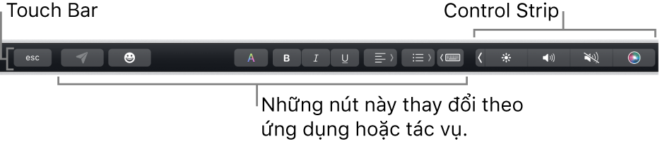 Touch Bar dọc theo cạnh trên cùng của bàn phím, đang hiển thị Control Strip được thu gọn ở bên phải và các nút thay đổi theo ứng dụng hoặc tác vụ.