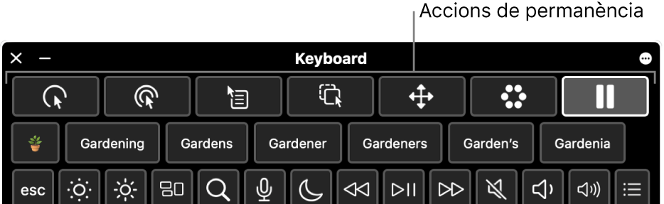 Botons d’acció de la funció de permanència situats a la part superior del teclat d’accessibilitat.