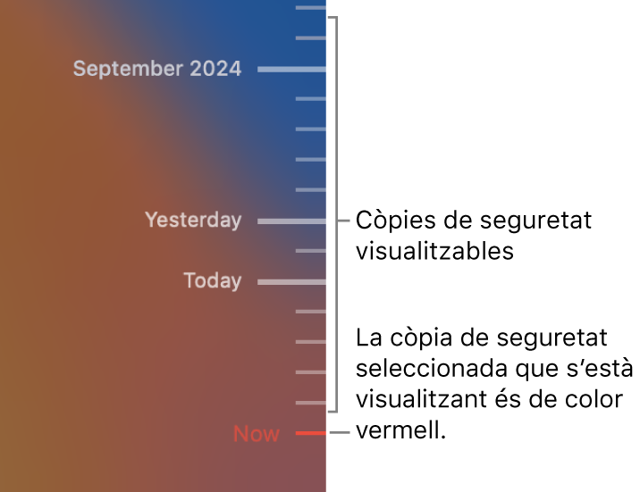 Marques de selecció a la cronologia de les còpies de seguretat. La marca de selecció de color vermell indica la còpia de seguretat que estàs explorant.