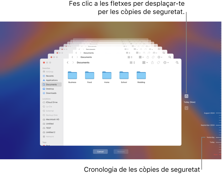 La finestra del Time Machine amb diverses finestres del Finder apilades per representar còpies de seguretat amb fletxes de navegació. Les fletxes i la cronologia de còpia de seguretat de la dreta ajuden a navegar per les còpies de seguretat perquè puguis seleccionar els arxius que vols restablir.