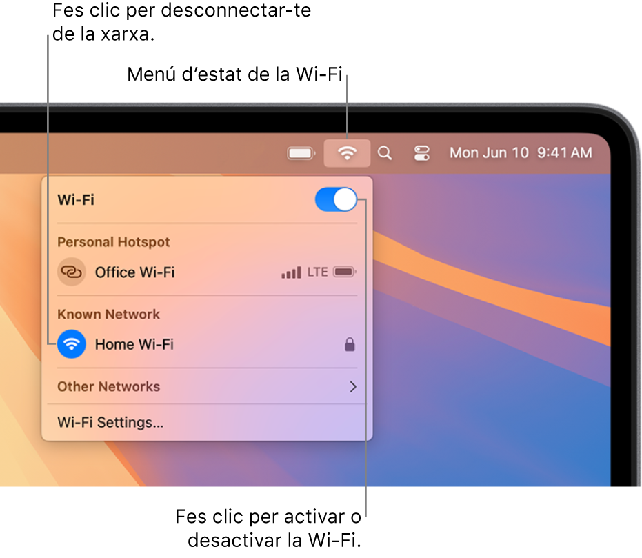 El menú d’estat Wi‑Fi, amb el botó per activar o desactivar la Wi‑Fi, un punt d’accés personal i les xarxes conegudes.