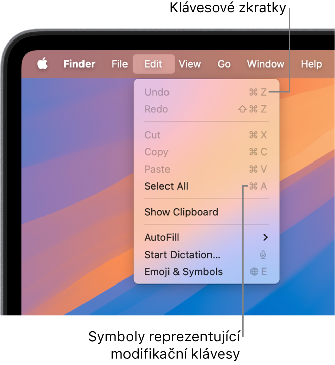 Ve Finderu je otevřená nabídka Upravit; u položek nabídky jsou zobrazené klávesové zkratky.