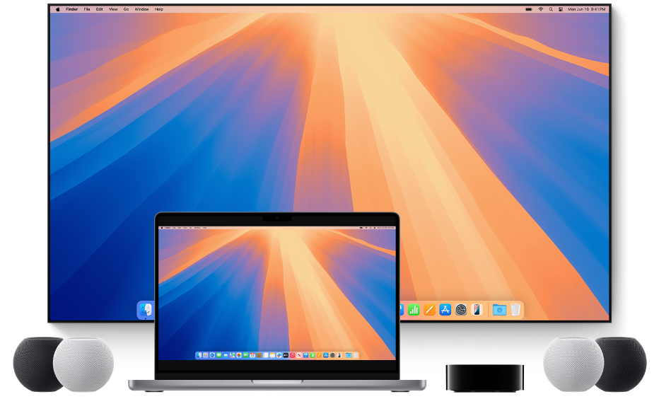 Počítač Mac a vedle něj zařízení, do nichž může streamovat obsah přes AirPlay – například Apple TV, reproduktory HomePodu mini nebo chytrý televizor