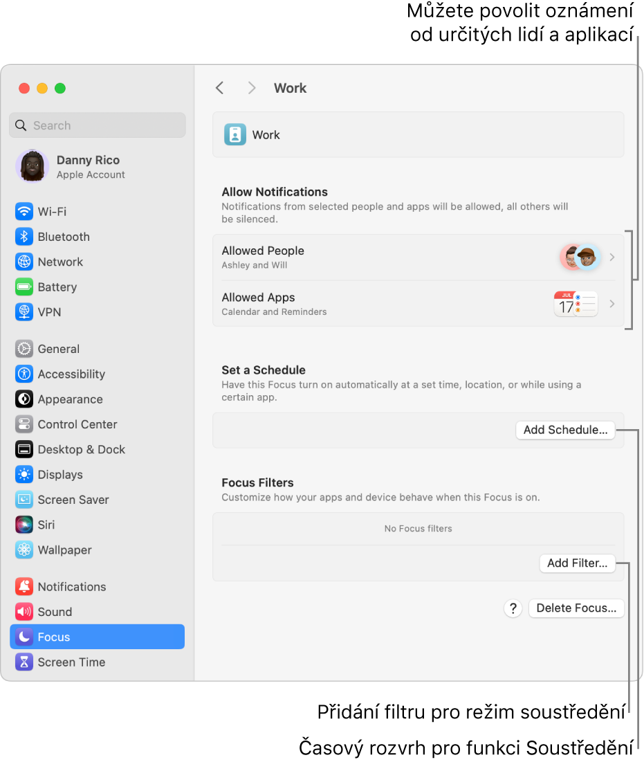 Nastavení režimu soustředění s volbami pro režim Práce. Nahoře je vidět seznam lidí a aplikací, jejichž oznámení jsou povolená, když je režim Práce aktivní.