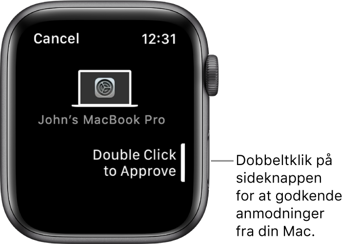 Apple Watch, der viser en anmodning om godkendelse fra en MacBook Pro.