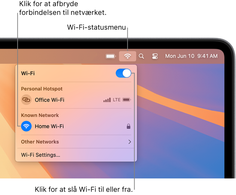 Wi-Fi-statusmenuen viser knappen Wi-Fi til/fra, internetdeling og kendte netværk.