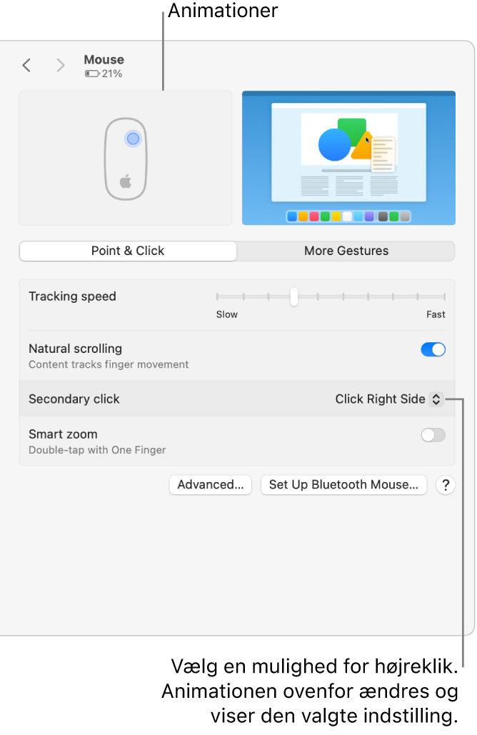 Indstillinger til Mus i Systemindstillinger, der viser muligheden Sekundært klik indstillet til Klik i højre side og den tilsvarende animation.