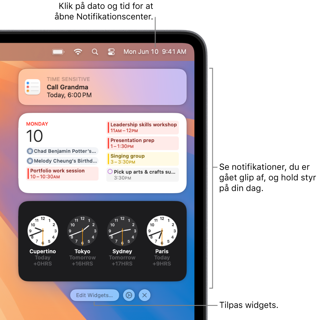 Notifikationer og widgets i Notifikationscenter.