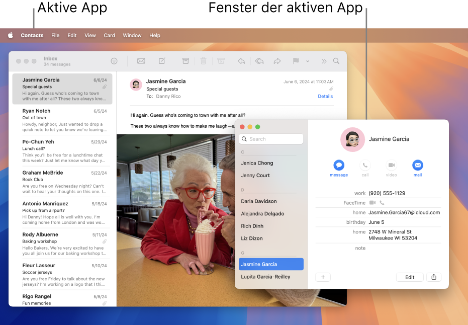 Ein Beispiel für einen Schreibtisch mit mehreren geöffneten Fenstern, aber nur einer aktiven App