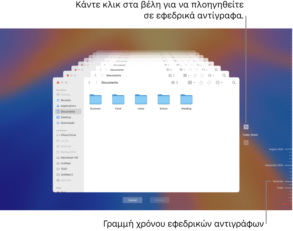 Το παράθυρο του Time Machine εμφανίζει στοιβαγμένες πολλαπλές οθόνες Finder που αντιπροσωπεύουν εφεδρικά αντίγραφα, με βέλη για πλοήγηση. Τα βέλη και η γραμμή χρόνου εφεδρικών αντιγράφων στα δεξιά σάς βοηθάνε να πλοηγηθείτε στα εφεδρικά αντίγραφά σας ώστε να μπορείτε να επιλέξετε ποια αρχεία να επαναφέρετε.