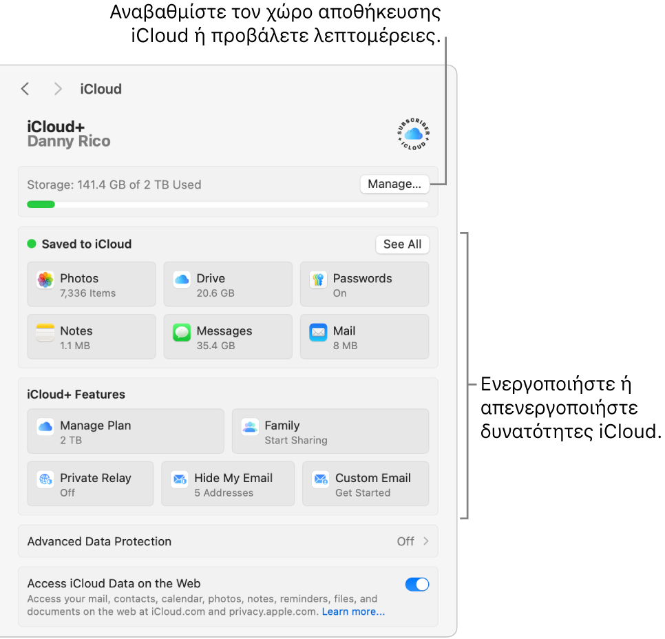 Ρυθμίσεις iCloud με όλες τις δυνατότητες ενεργοποιημένες.