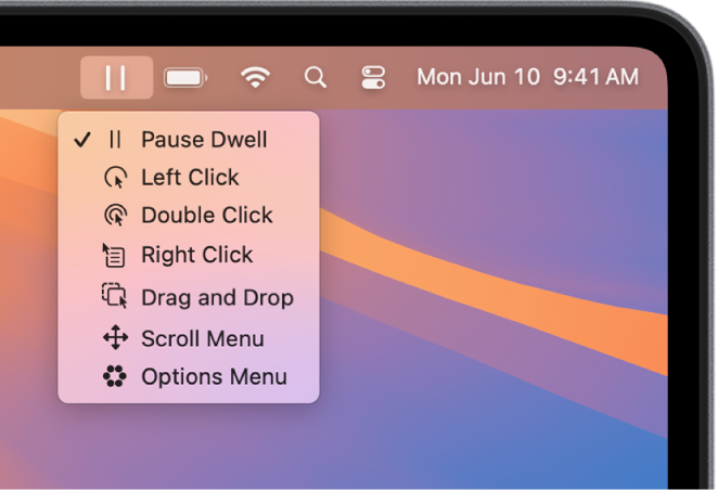 The Dwell status menu whose menu items include, from top to bottom, Pause Dwell, Left Click, Double Click, Right Click, Drag and Drop, Scroll Menu, and Options Menu.
