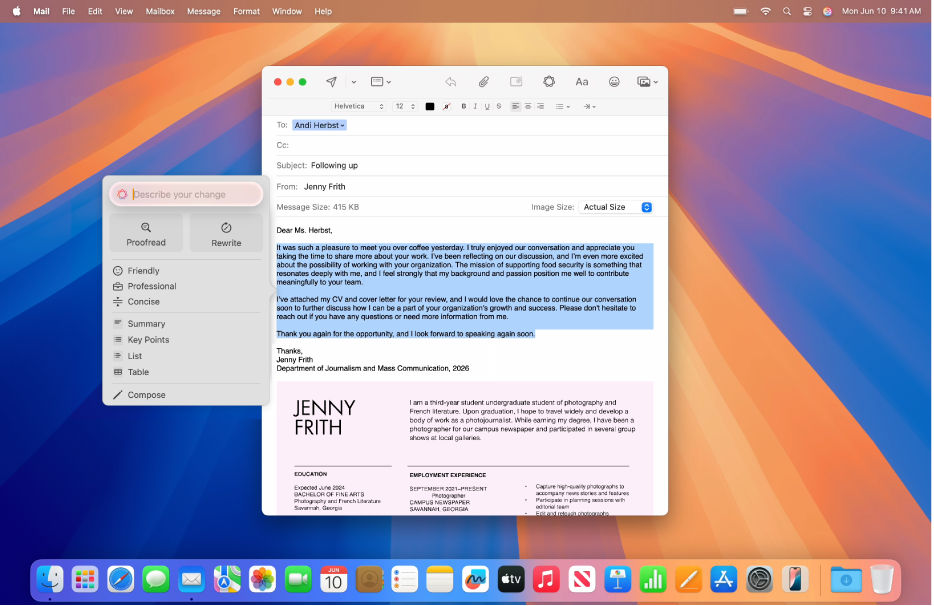 A Mail app window on Mac showing selected text in an email with the Writing Tools dialogue open. The Writing Tools dialogue has Proofread and Rewrite buttons at the top. You can choose a Friendly, Professional or Concise tone below that, and at the bottom are Summary, Key Points, Table and List buttons.