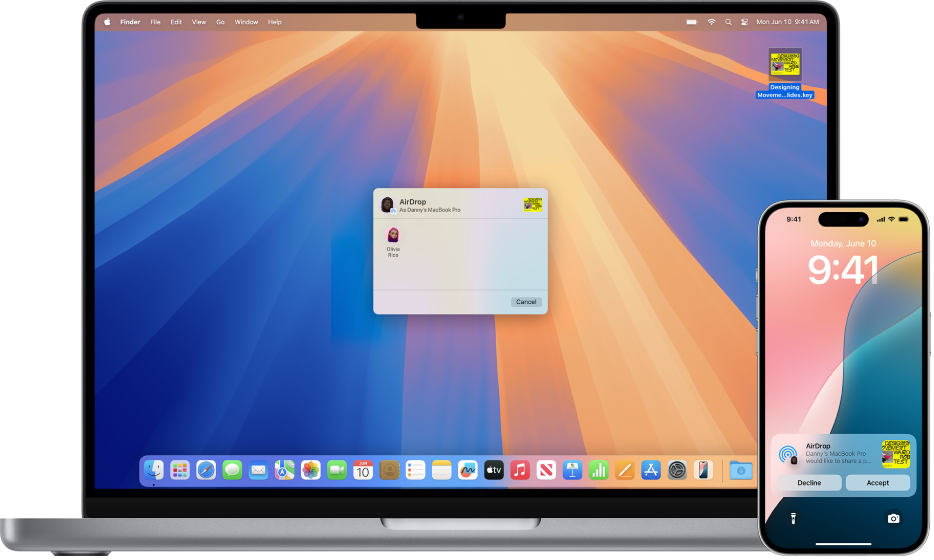 A Mac is next to an iPhone. The AirDrop window is open on the Mac desktop, ready to share a document with the iPhone and another MacBook Pro (not pictured). The iPhone Lock Screen has a notification about receiving the document.