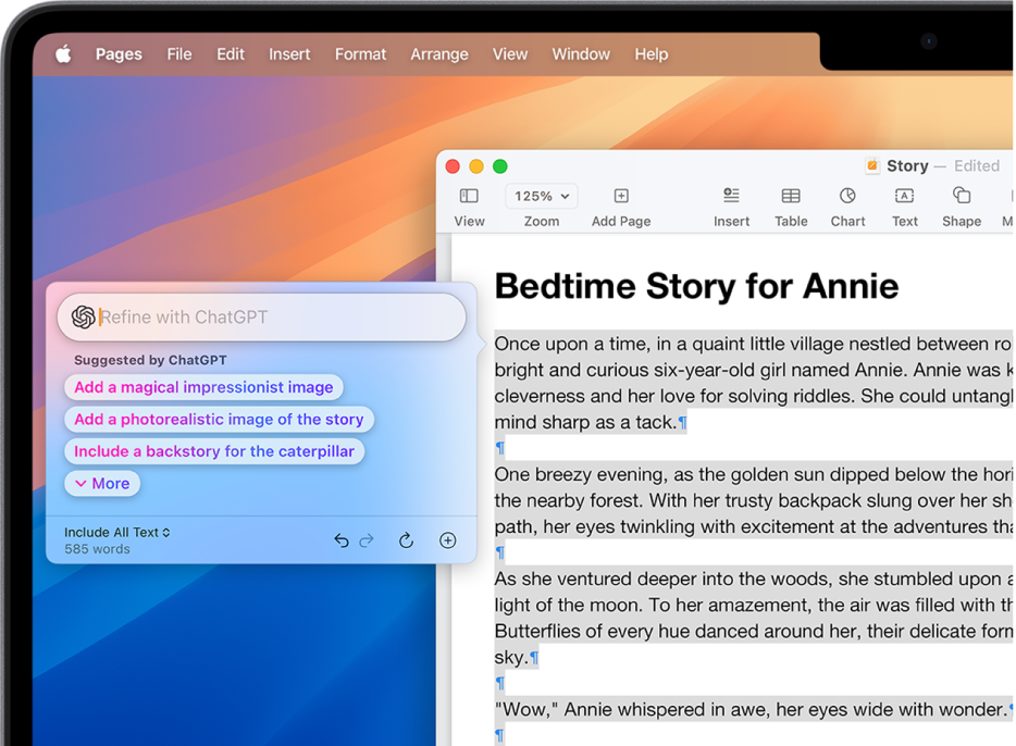 A Pages app window showing a story composed using Writing Tools and the ChatGPT extension. The Refine with ChatGPT dialogue includes options to describe a change, choose ChatGPT suggestions, undo, rewrite, and add a photo or document.