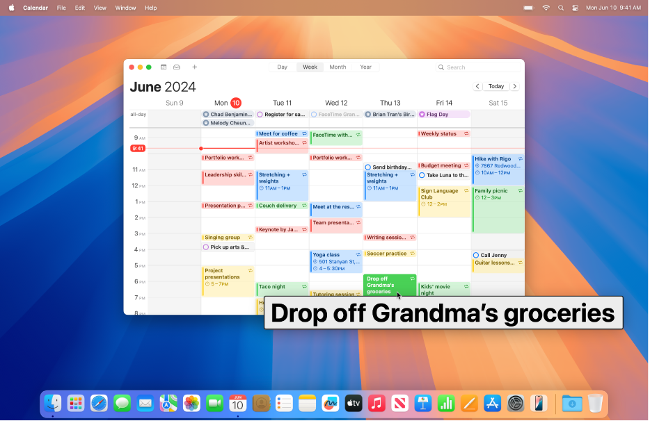 The Calendar app is open on the desktop and the pointer is held over a calendar event. A large version of the text in the event is displayed.