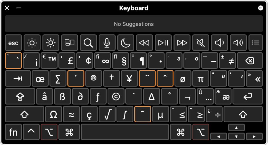 The Keyboard Viewer with the ABC layout, showing five highlighted keys that can be pressed to enter an accent mark.