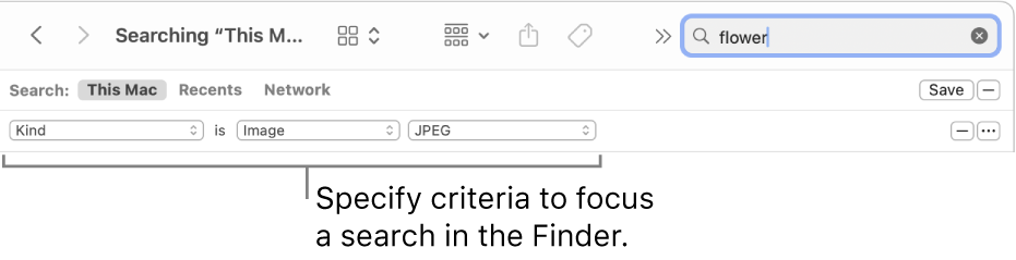 A Finder window with fields to specify search criteria.